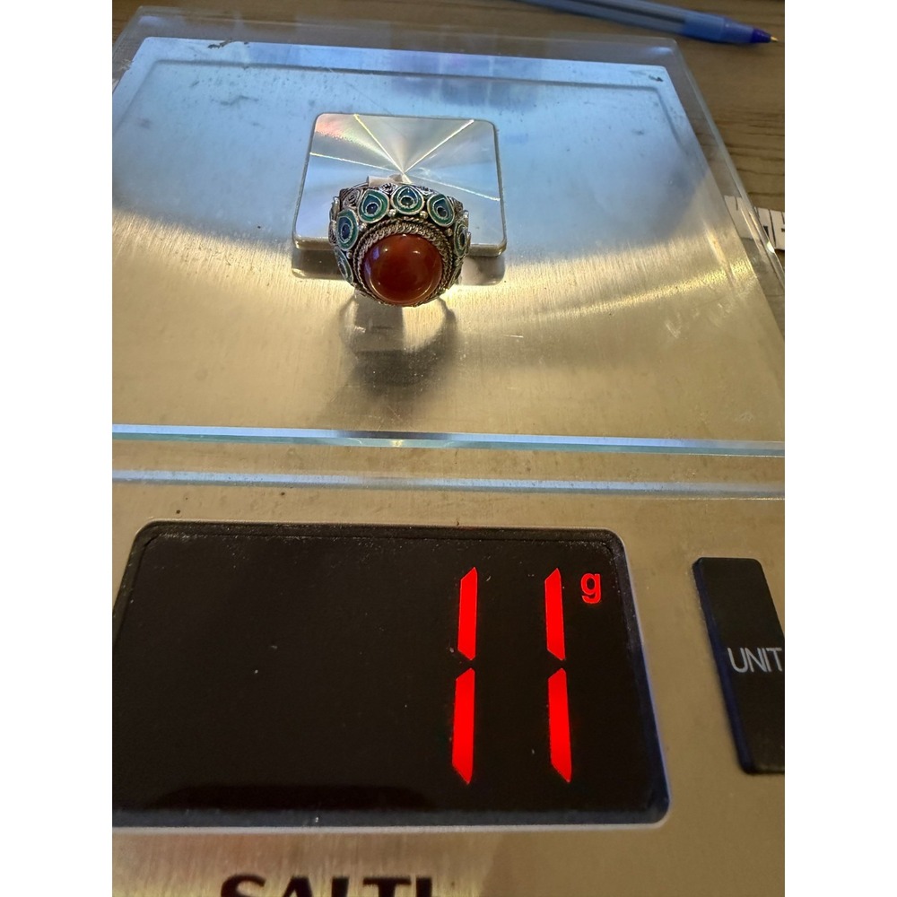 Vintage Chinese Export Sterling Filigree Enamel Carnelian Ring by BJ Size 7 - Picture 11 of 12